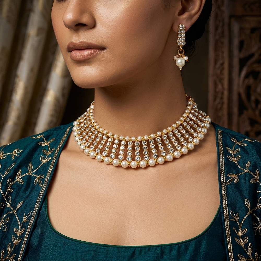 The99Jewel Designer Austrian Stone  Pearl Choker Necklace Set for Women Traditional Party Jewellery