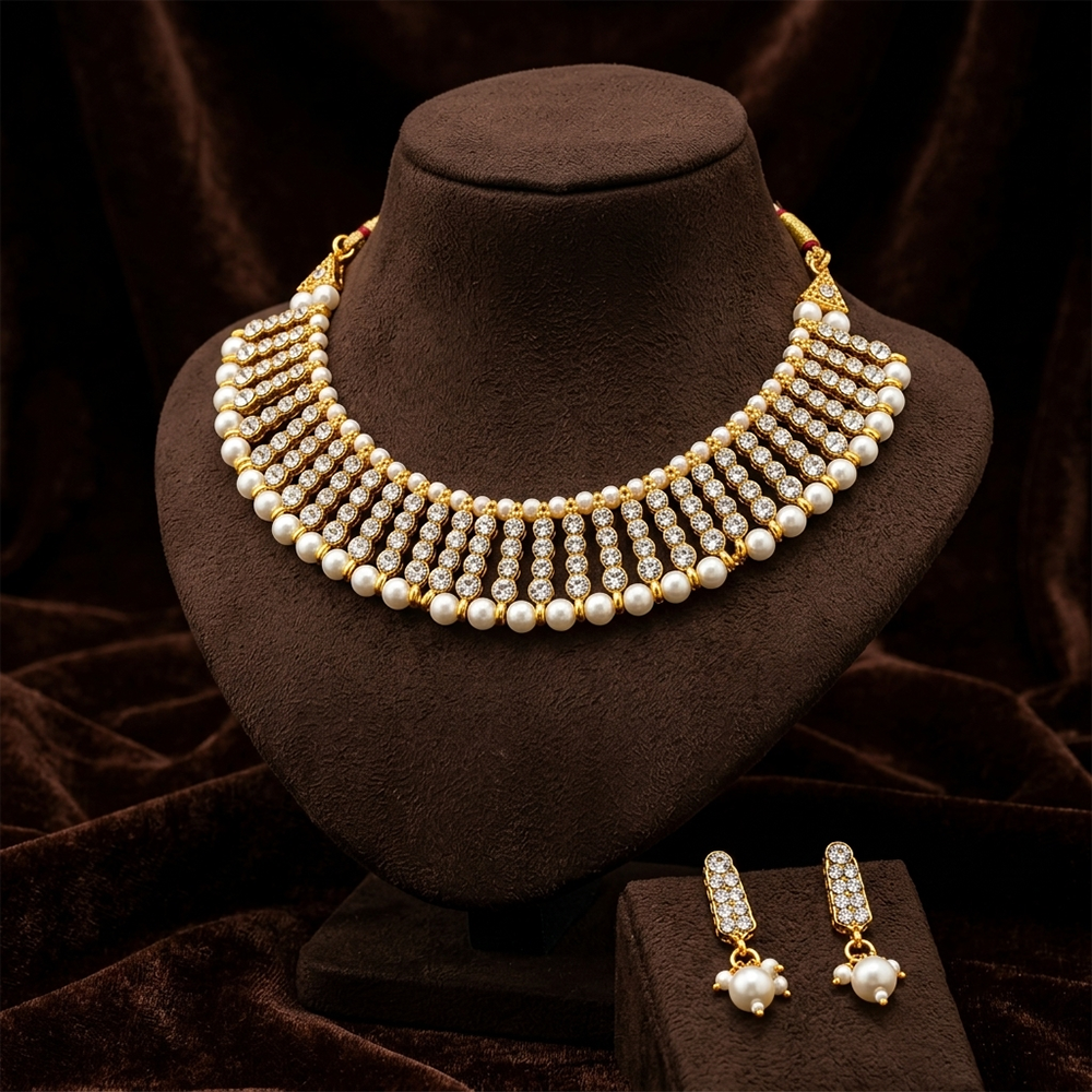 The99Jewel Designer Austrian Stone  Pearl Choker Necklace Set for Women Traditional Party Jewellery