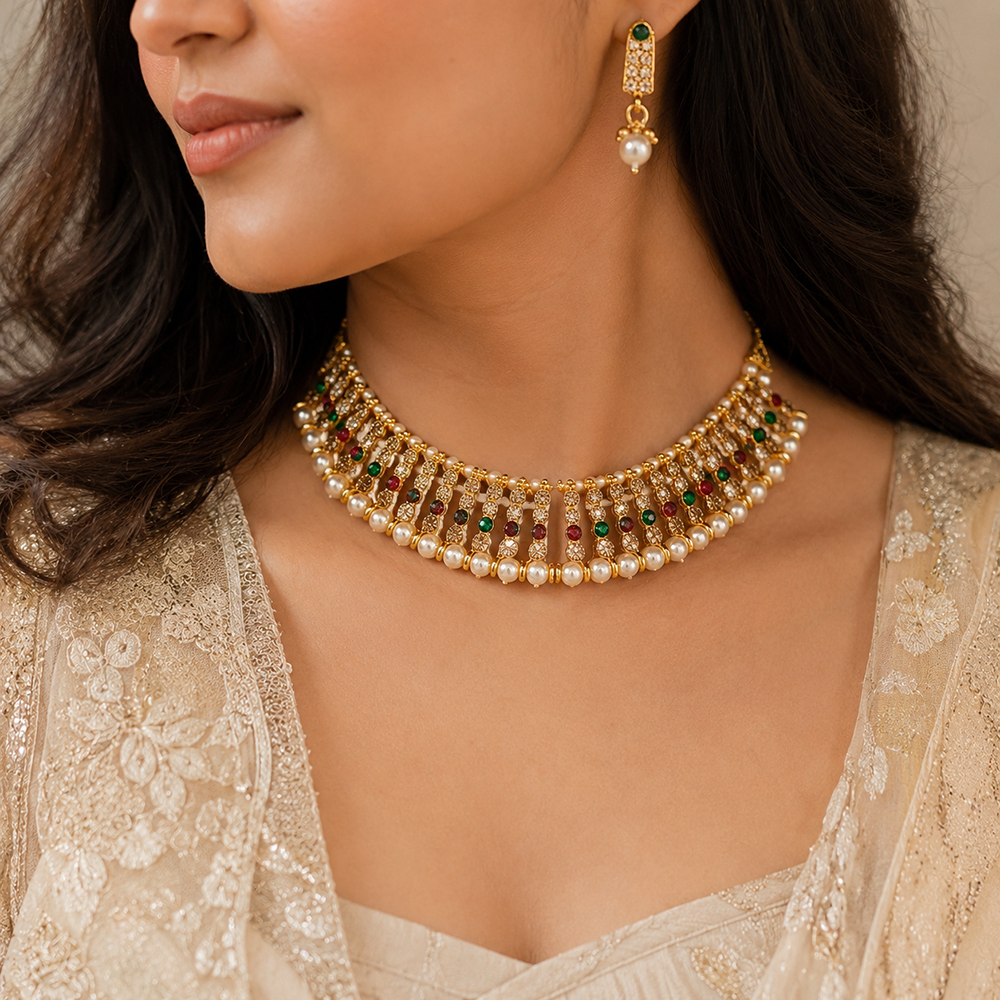 The99Jewel Designer Austrian Stone  Pearl Choker Necklace Set for Women Traditional Party Jewellery