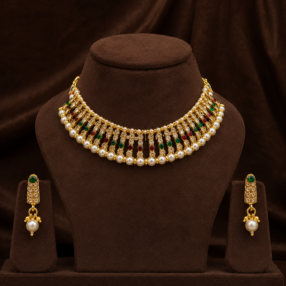 The99Jewel Designer Austrian Stone  Pearl Choker Necklace Set for Women Traditional Party Jewellery