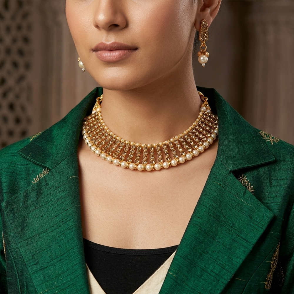 The99Jewel Designer Austrian Stone  Pearl Choker Necklace Set for Women Traditional Party Jewellery