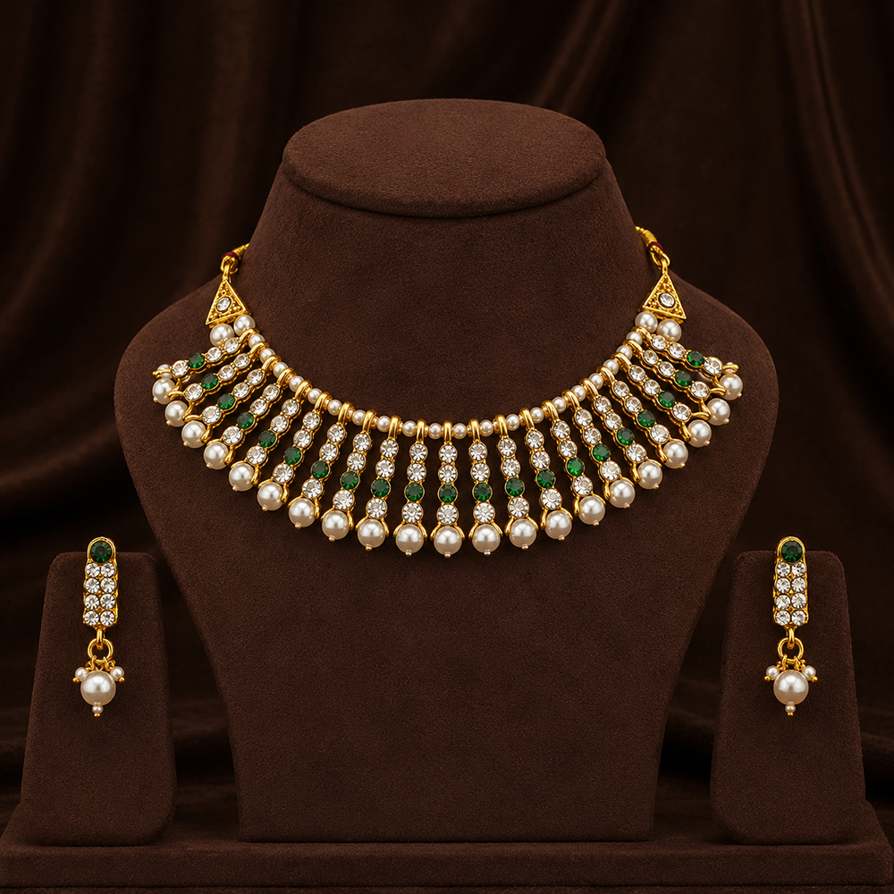 The99Jewel Designer Austrian Stone  Pearl Choker Necklace Set for Women Traditional Party Jewellery