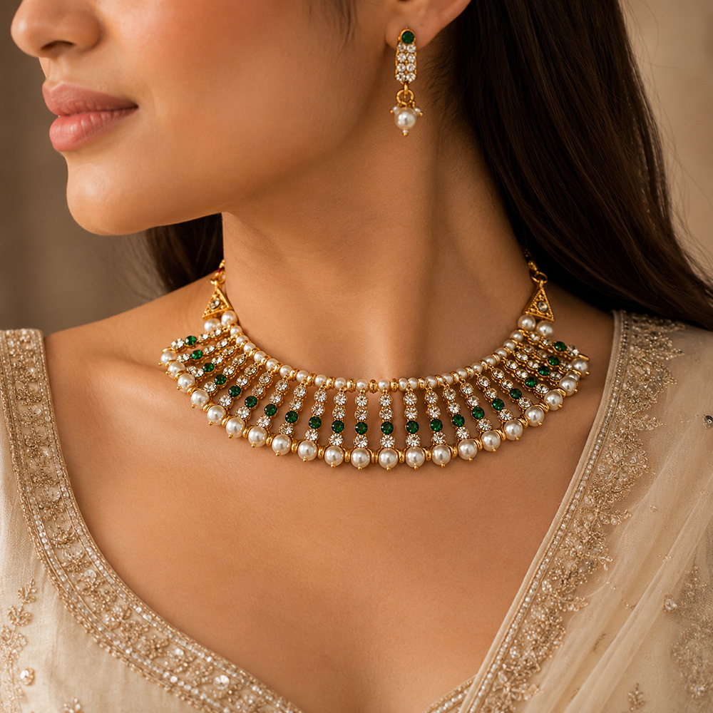 The99Jewel Designer Austrian Stone  Pearl Choker Necklace Set for Women Traditional Party Jewellery