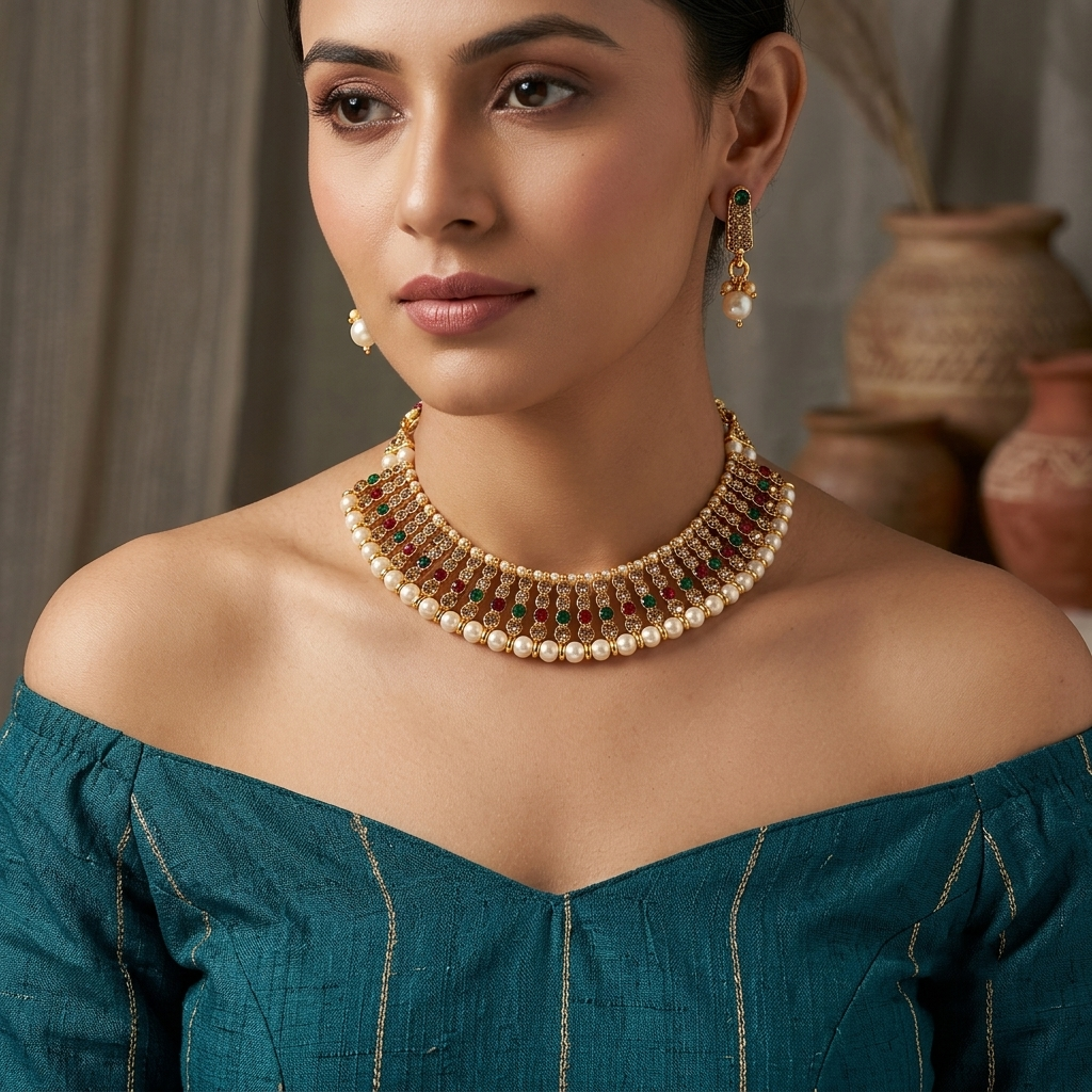 The99Jewel Designer Austrian Stone  Pearl Choker Necklace Set for Women Traditional Party Jewellery