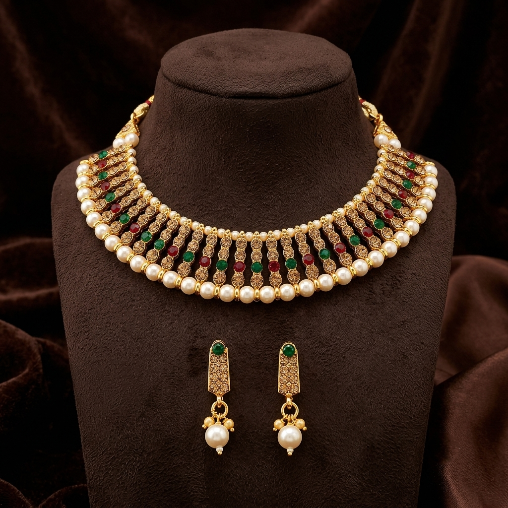 The99Jewel Designer Austrian Stone  Pearl Choker Necklace Set for Women Traditional Party Jewellery