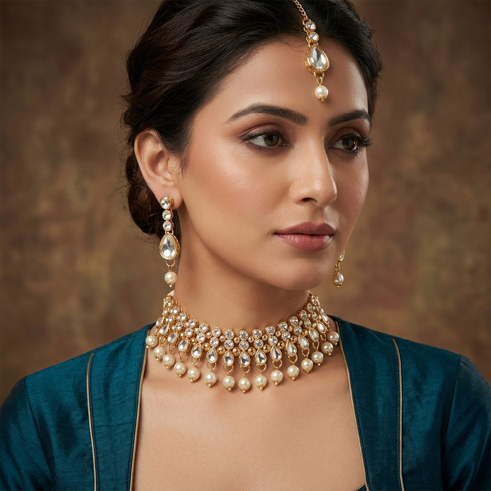 The99Jewel Gorgeous Austrian Stone Pearl Choker Necklace Set for Women Bridal & Festive Jewellery