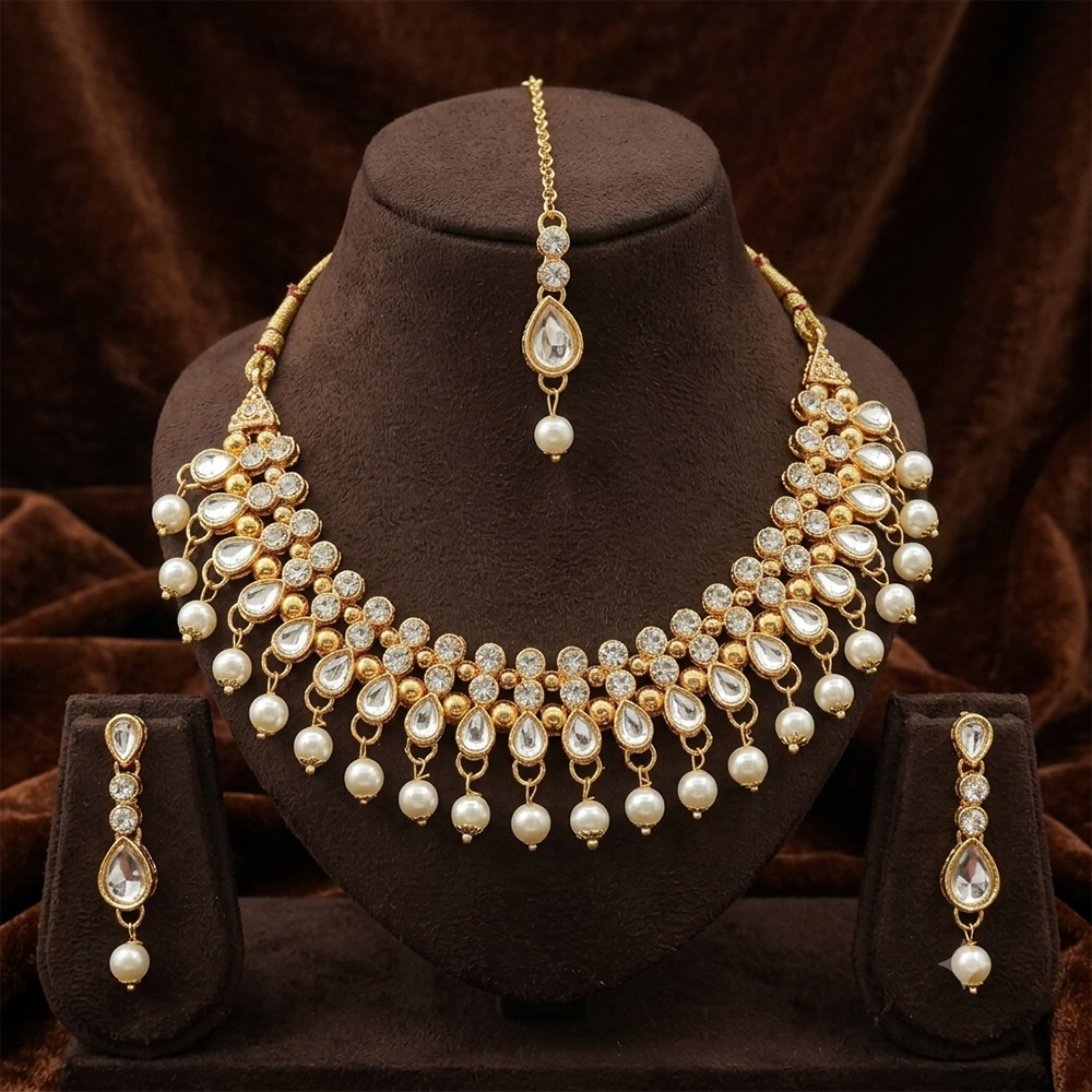 The99Jewel Gorgeous Austrian Stone Pearl Choker Necklace Set for Women Bridal & Festive Jewellery