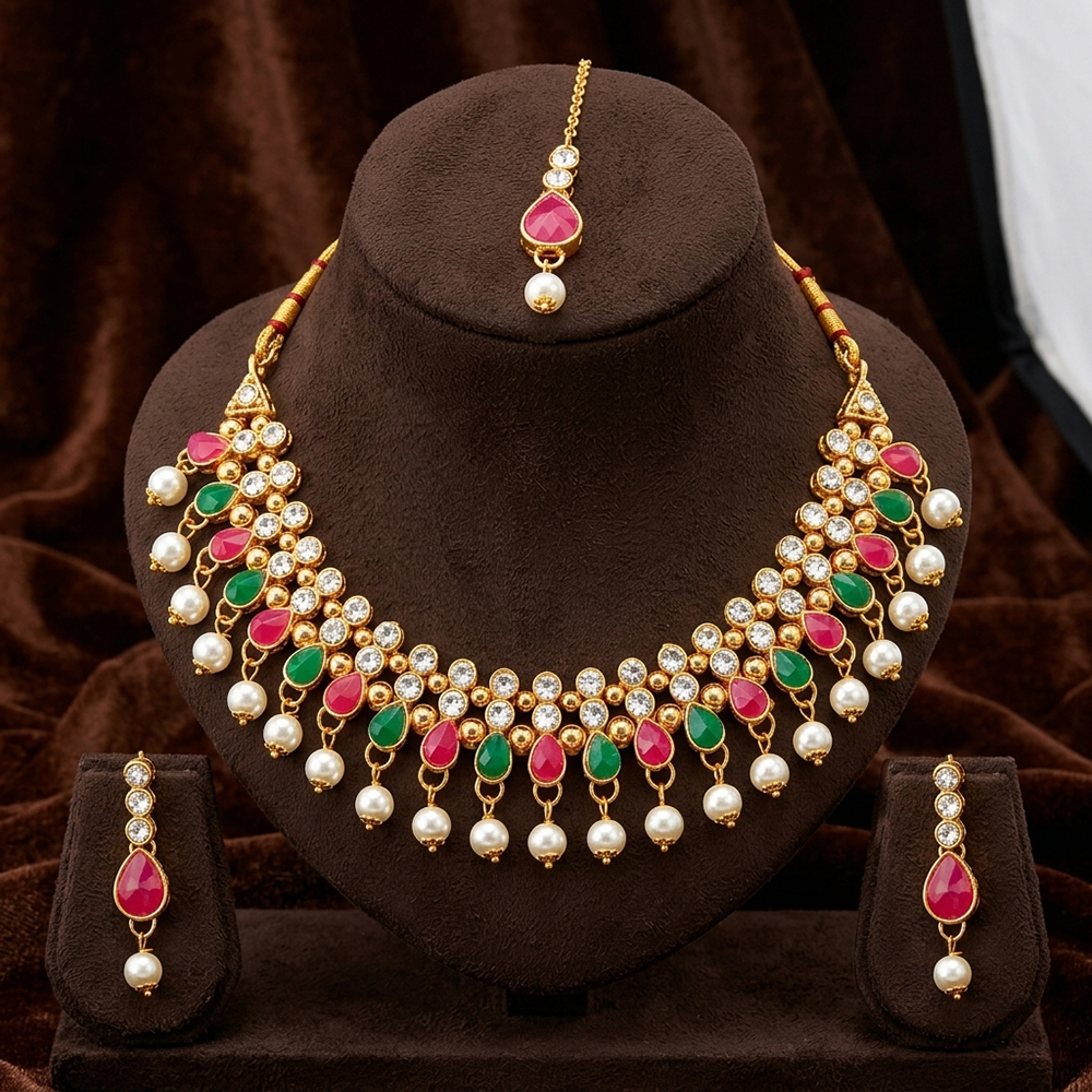 The99Jewel Gorgeous Austrian Stone Pearl Choker Necklace Set for Women Bridal & Festive Jewellery
