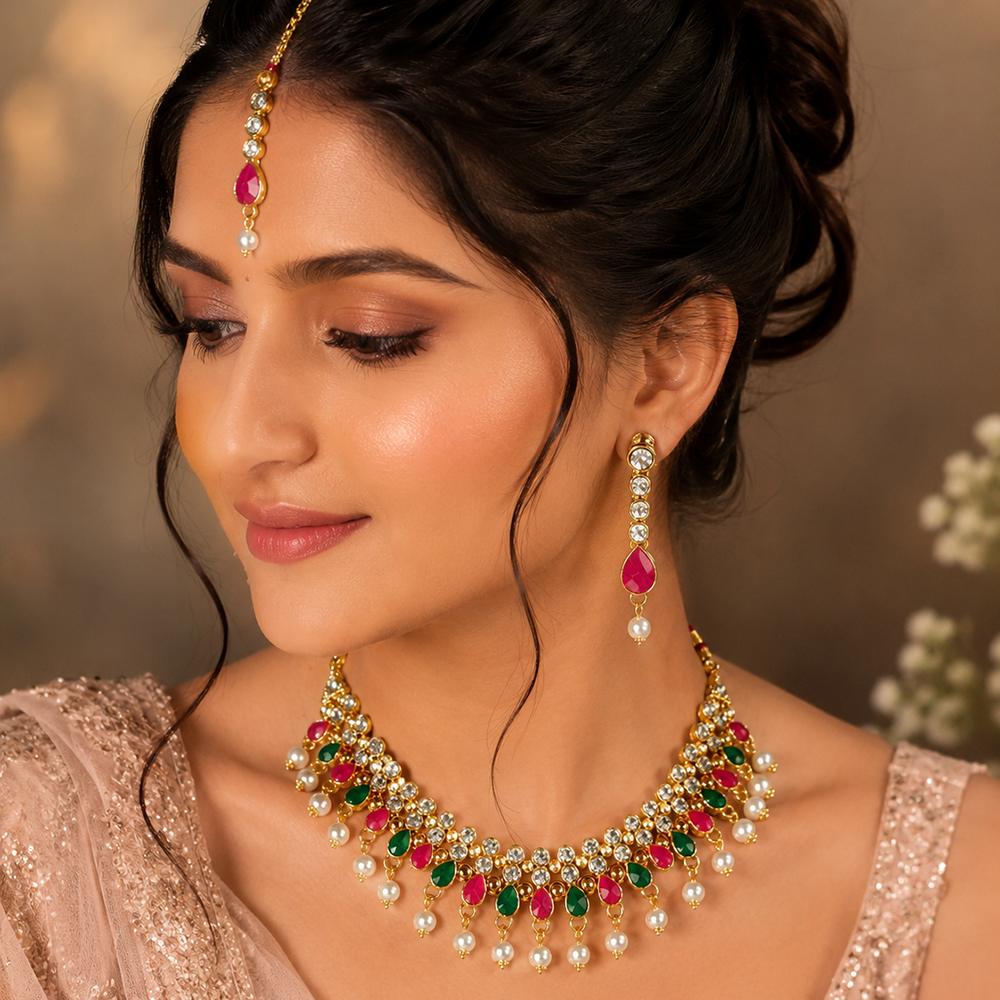 The99Jewel Gorgeous Austrian Stone Pearl Choker Necklace Set for Women Bridal & Festive Jewellery