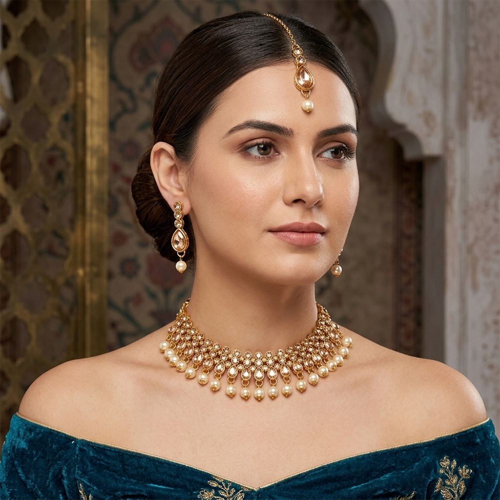 The99Jewel Gorgeous Austrian Stone Pearl Choker Necklace Set for Women Bridal & Festive Jewellery