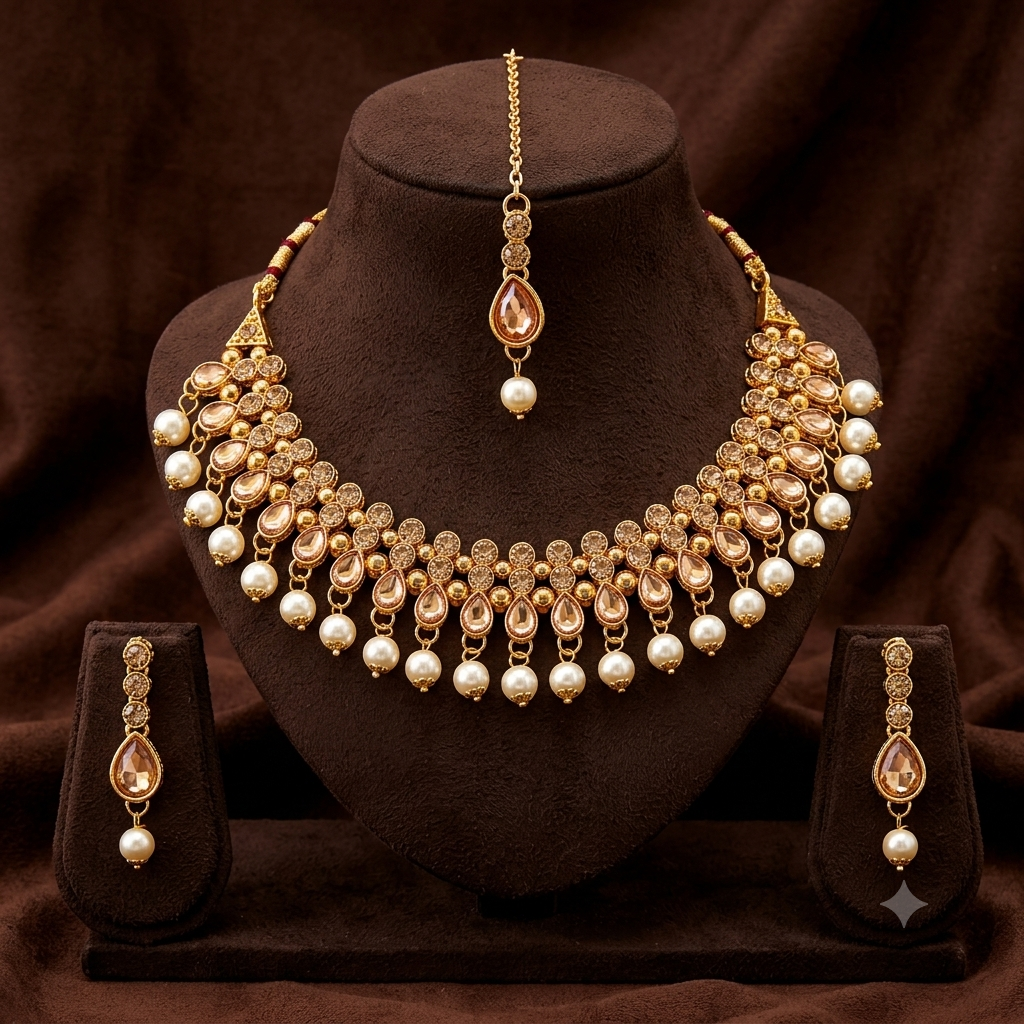 The99Jewel Gorgeous Austrian Stone Pearl Choker Necklace Set for Women Bridal & Festive Jewellery