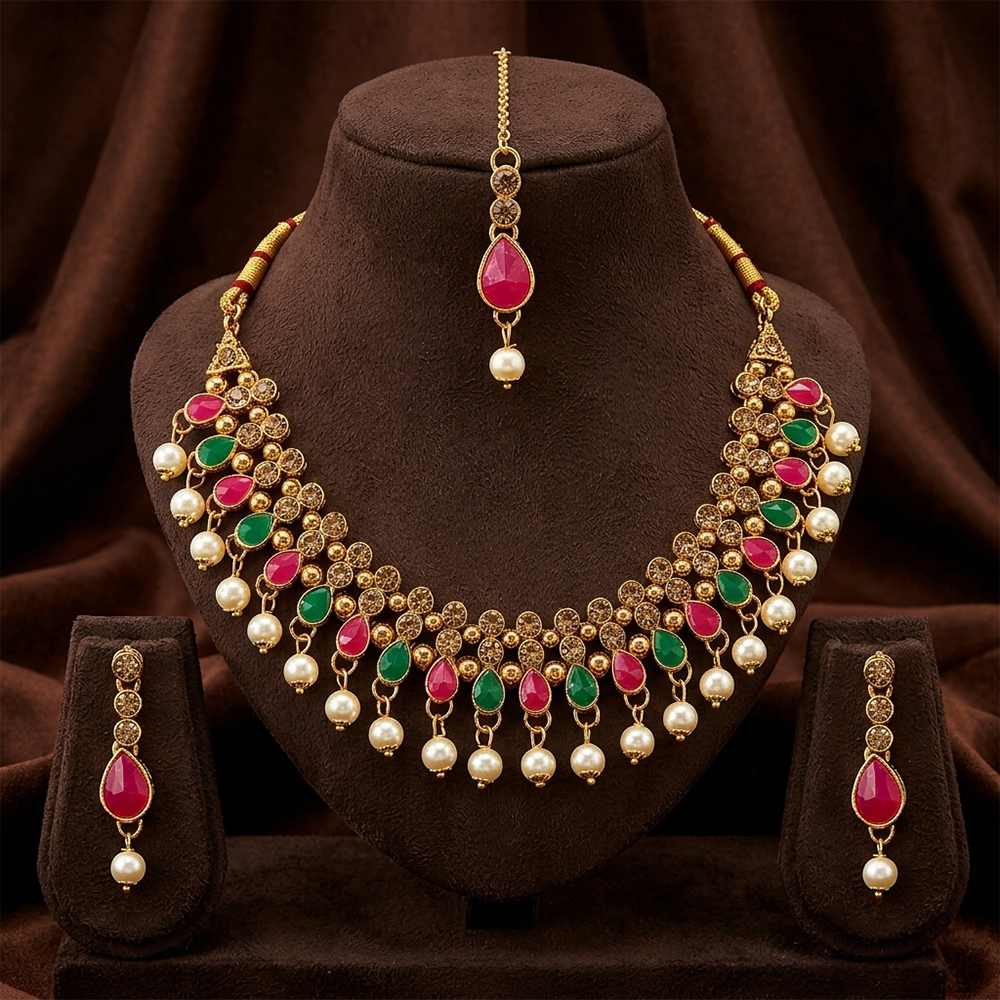 The99Jewel Gorgeous Austrian Stone Pearl Choker Necklace Set for Women Bridal & Festive Jewellery
