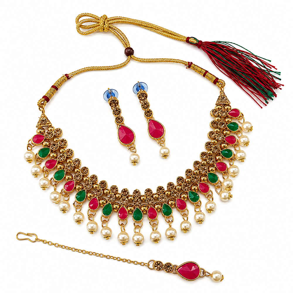 The99Jewel Gorgeous Austrian Stone Pearl Choker Necklace Set for Women Bridal & Festive Jewellery