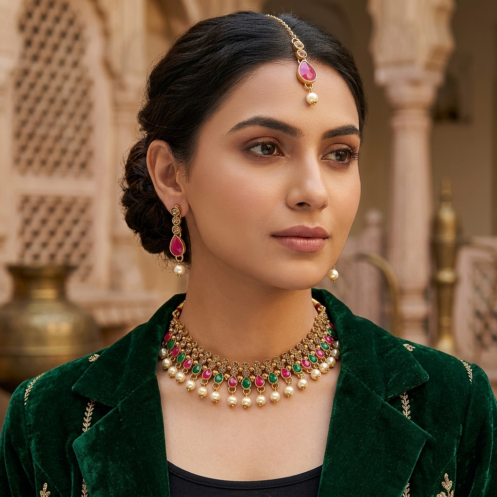 The99Jewel Gorgeous Austrian Stone Pearl Choker Necklace Set for Women Bridal & Festive Jewellery