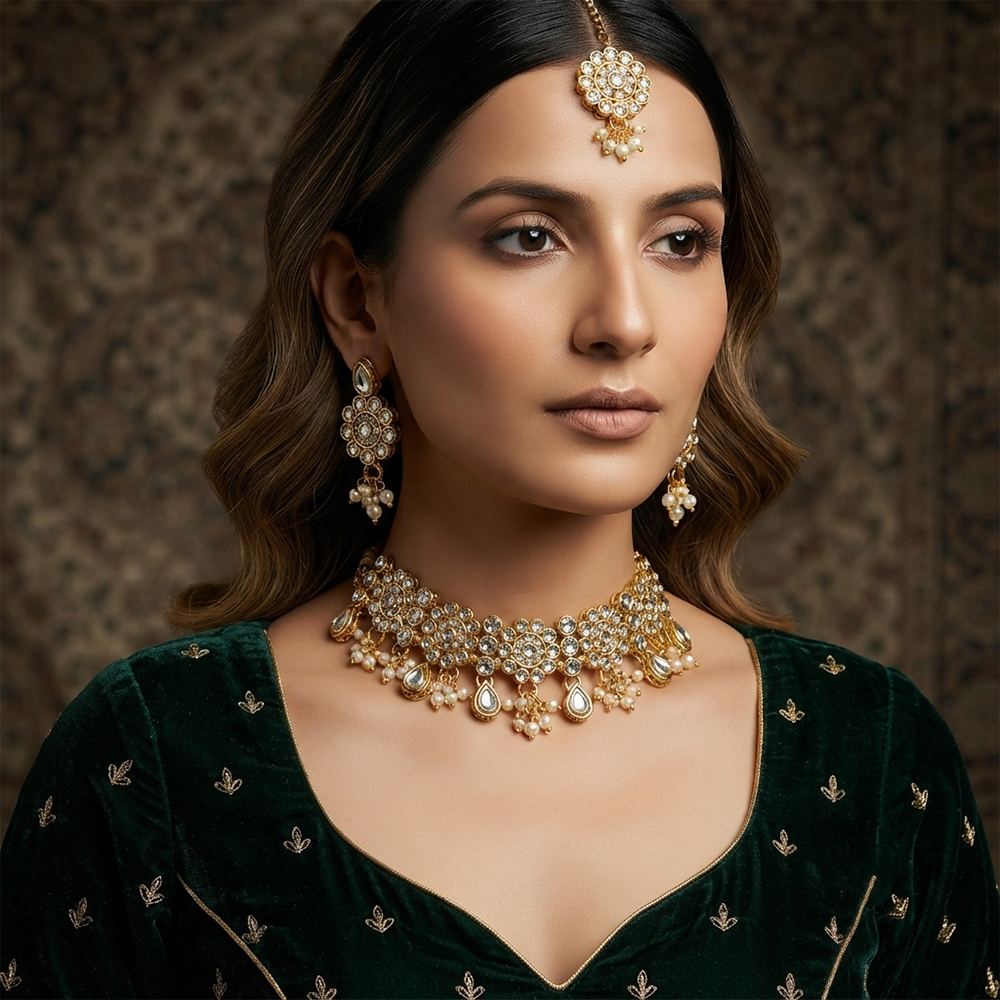 The99Jewel Beautiful Austrian Stone Pearl Choker Necklace Set for Women Wedding & Party Wear