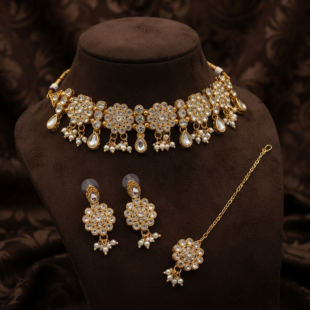 The99Jewel Beautiful Austrian Stone Pearl Choker Necklace Set for Women Wedding & Party Wear