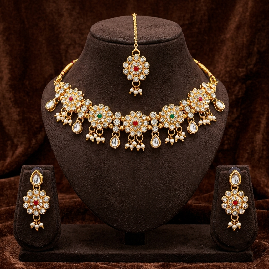 The99Jewel Beautiful Austrian Stone Pearl Choker Necklace Set for Women Wedding & Party Wear
