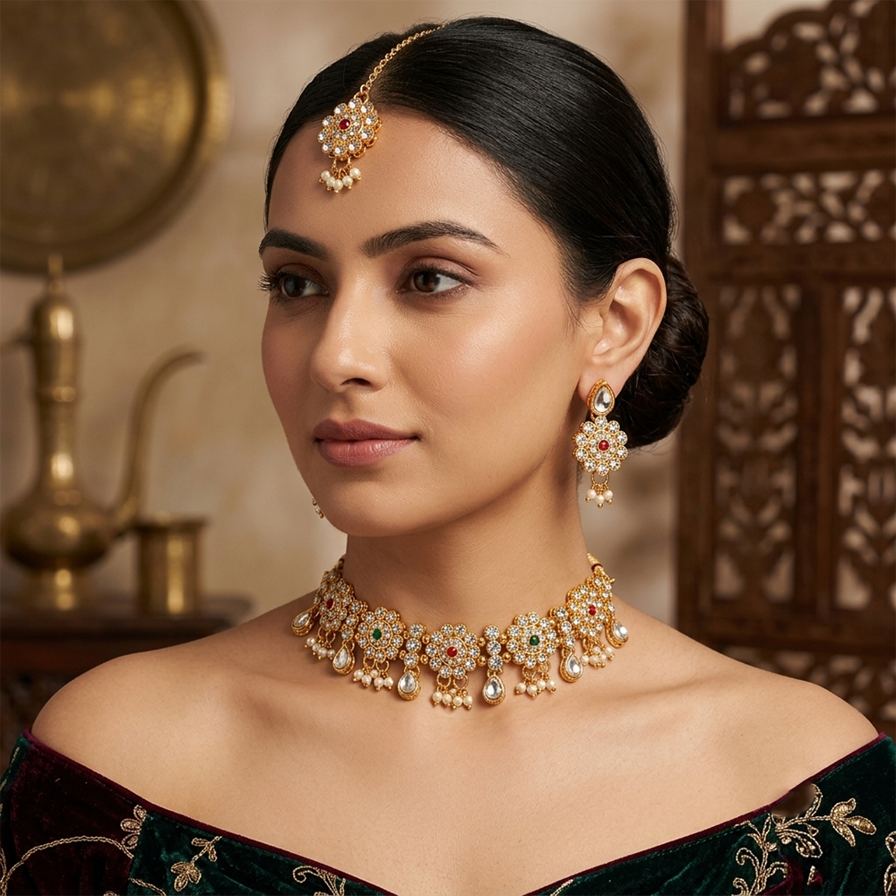 The99Jewel Beautiful Austrian Stone Pearl Choker Necklace Set for Women Wedding & Party Wear