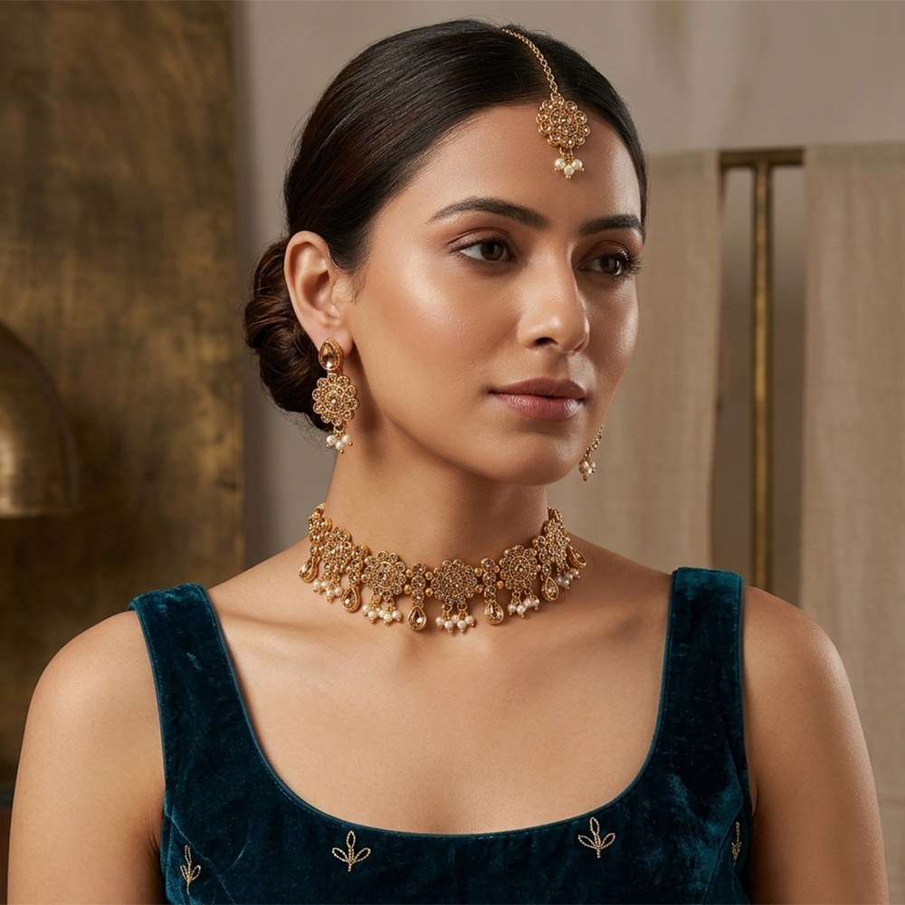 The99Jewel Beautiful Austrian Stone Pearl Choker Necklace Set for Women Wedding & Party Wear