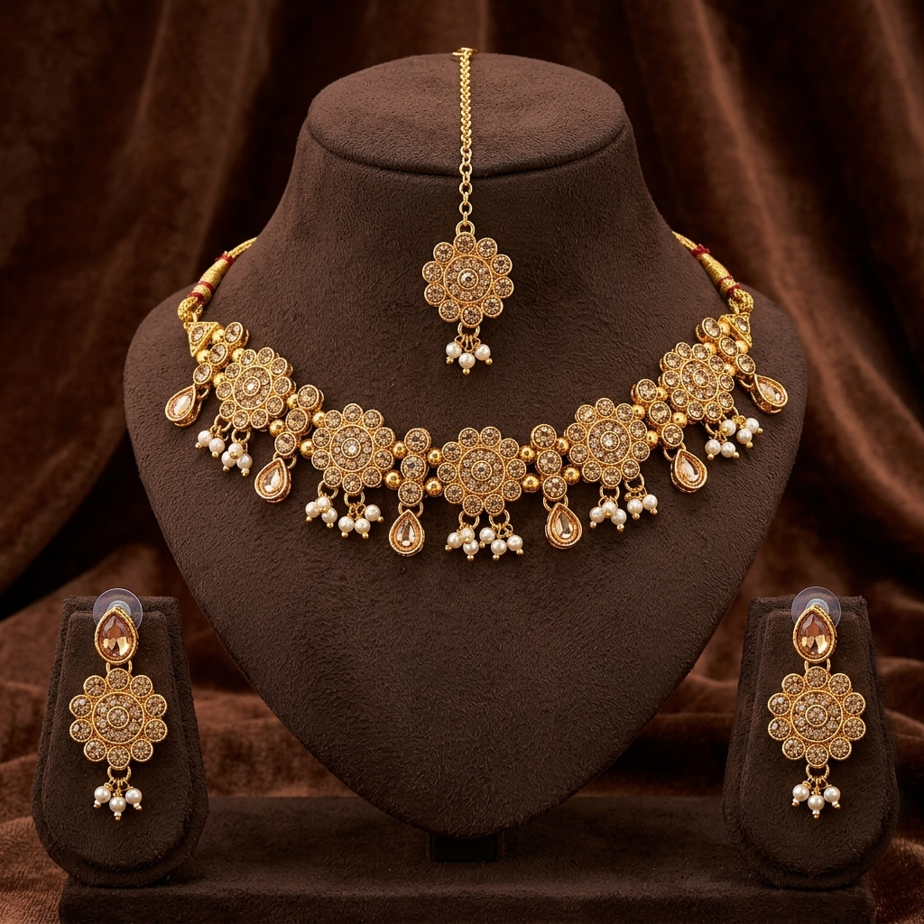The99Jewel Beautiful Austrian Stone Pearl Choker Necklace Set for Women Wedding & Party Wear