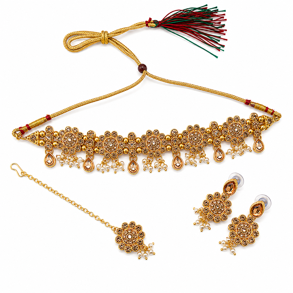 The99Jewel Beautiful Austrian Stone Pearl Choker Necklace Set for Women Wedding & Party Wear