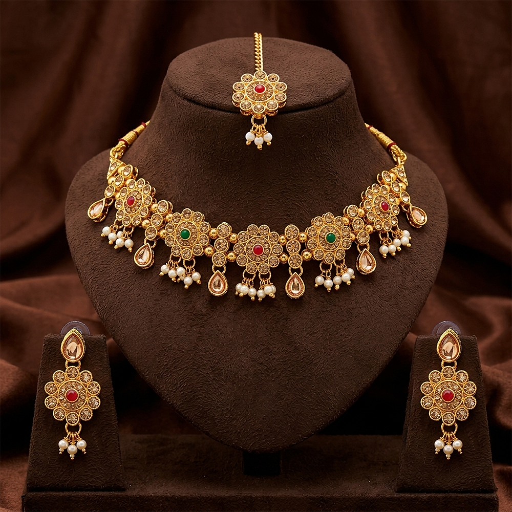 The99Jewel Beautiful Austrian Stone Pearl Choker Necklace Set for Women Wedding & Party Wear
