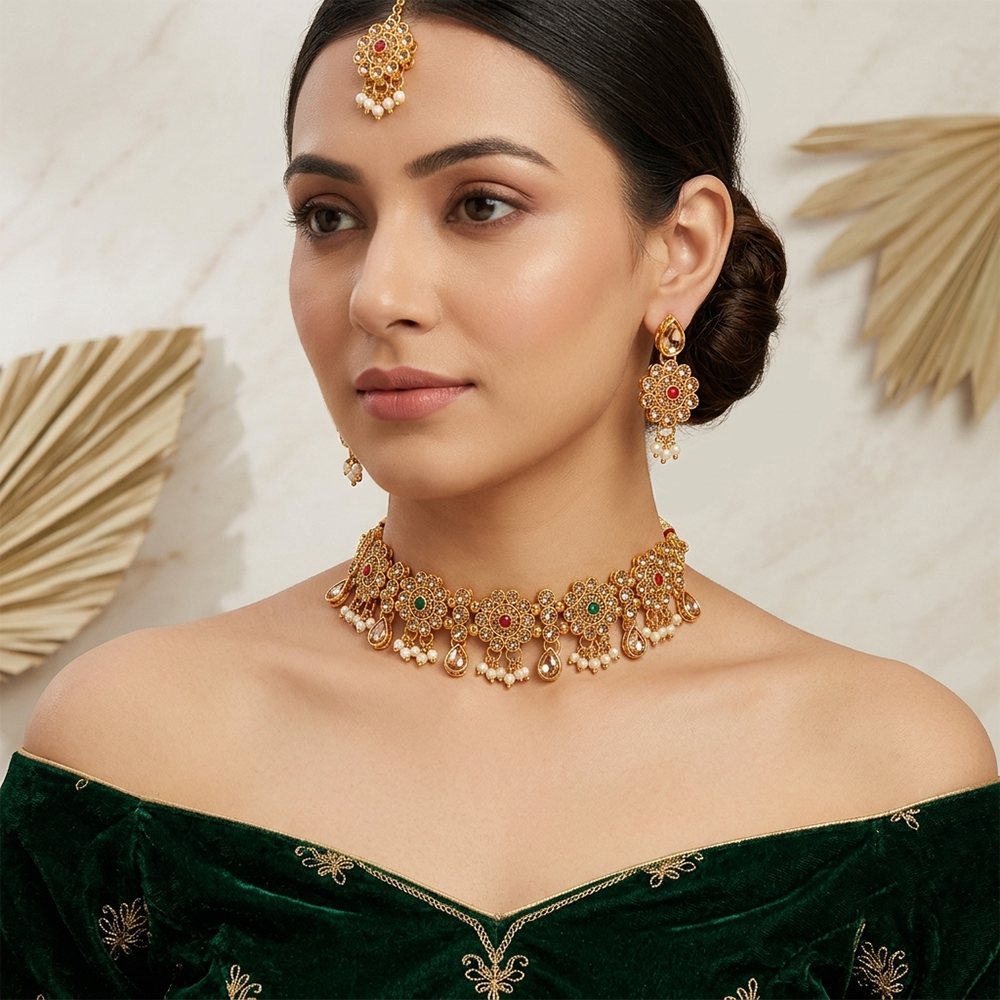 The99Jewel Beautiful Austrian Stone Pearl Choker Necklace Set for Women Wedding & Party Wear