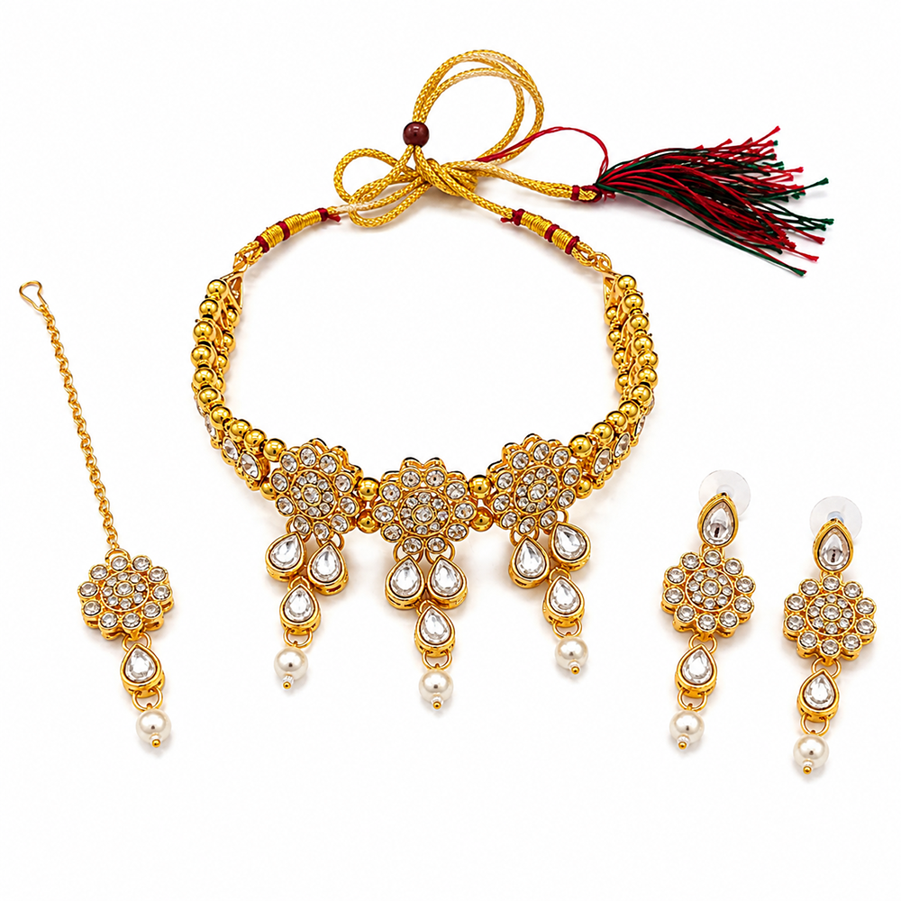 The99Jewel Elegant Austrian Crystal Stone & Pearl Choker Necklace Set for Women Festive Jewellery