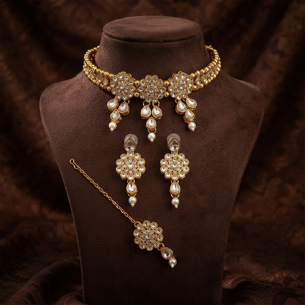 The99Jewel Elegant Austrian Crystal Stone & Pearl Choker Necklace Set for Women Festive Jewellery