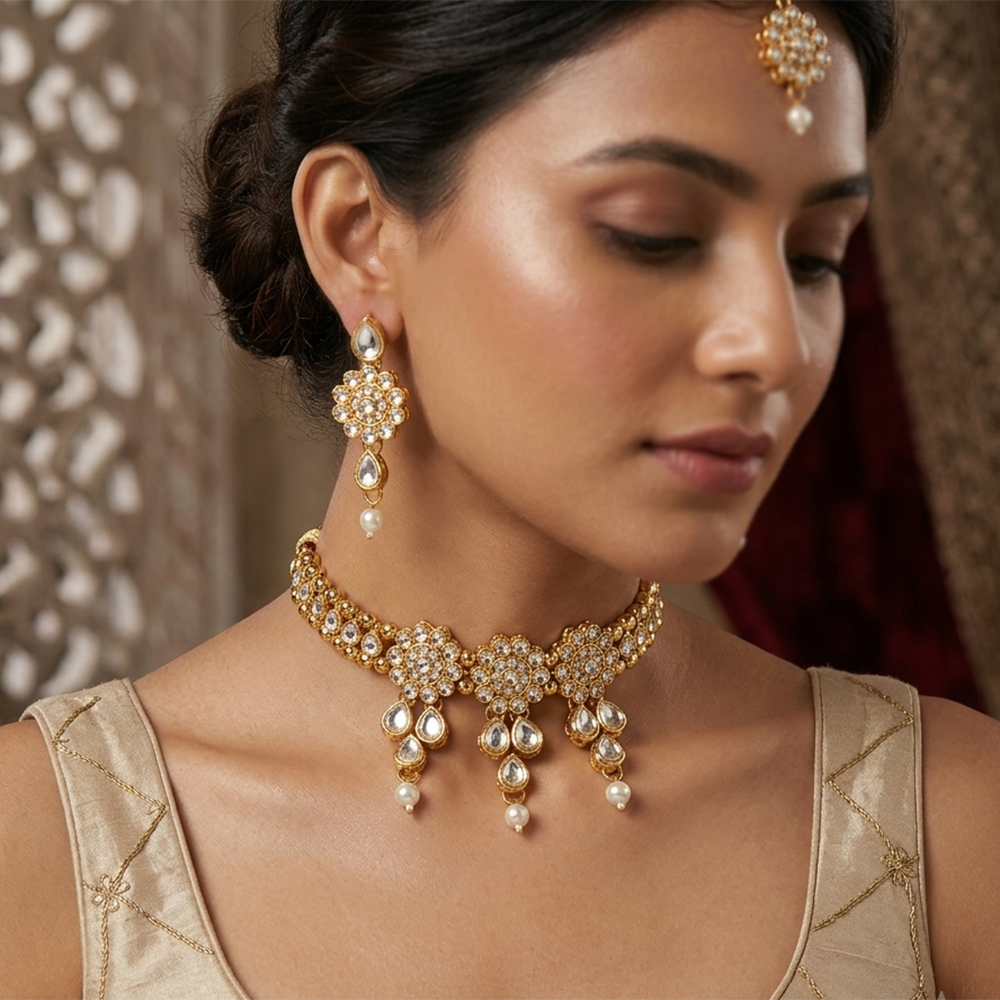 The99Jewel Elegant Austrian Crystal Stone & Pearl Choker Necklace Set for Women Festive Jewellery