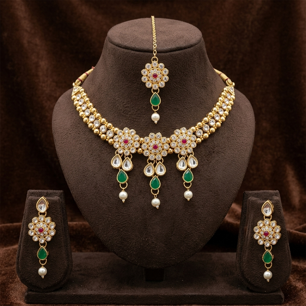 The99Jewel Elegant Austrian Crystal Stone & Pearl Choker Necklace Set for Women Festive Jewellery