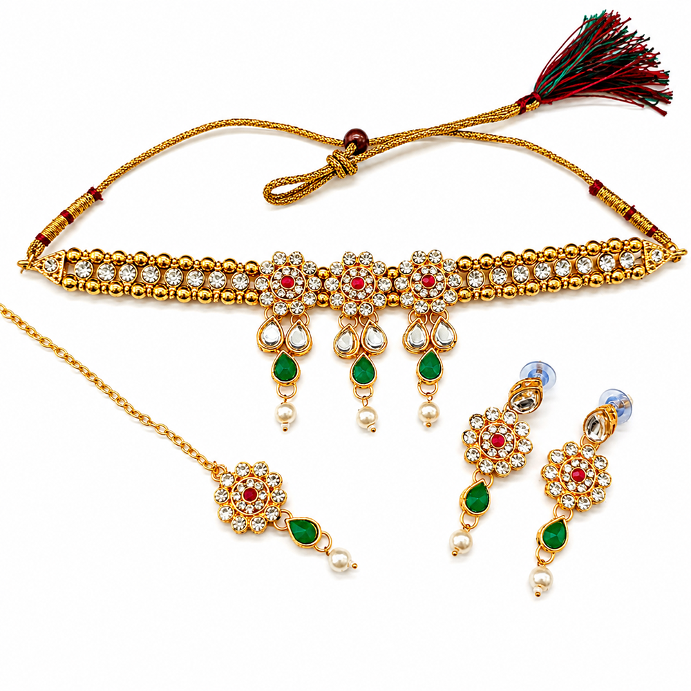 The99Jewel Elegant Austrian Crystal Stone & Pearl Choker Necklace Set for Women Festive Jewellery