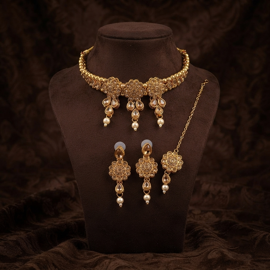The99Jewel Elegant Austrian Crystal Stone & Pearl Choker Necklace Set for Women Festive Jewellery