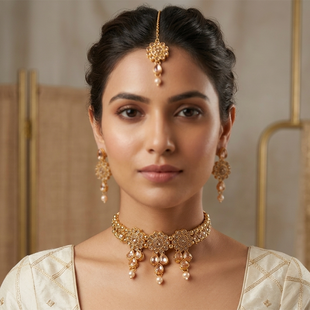 The99Jewel Elegant Austrian Crystal Stone & Pearl Choker Necklace Set for Women Festive Jewellery