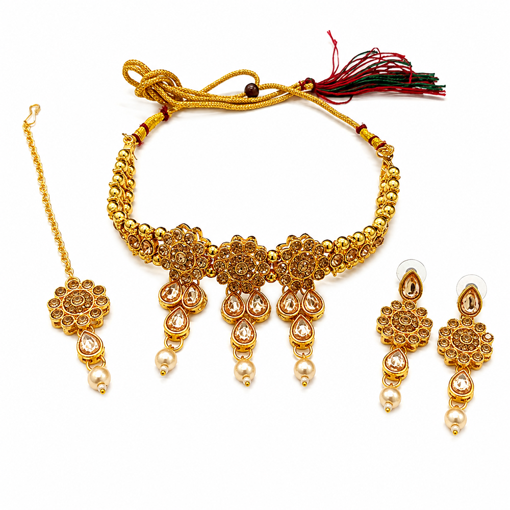 The99Jewel Elegant Austrian Crystal Stone & Pearl Choker Necklace Set for Women Festive Jewellery