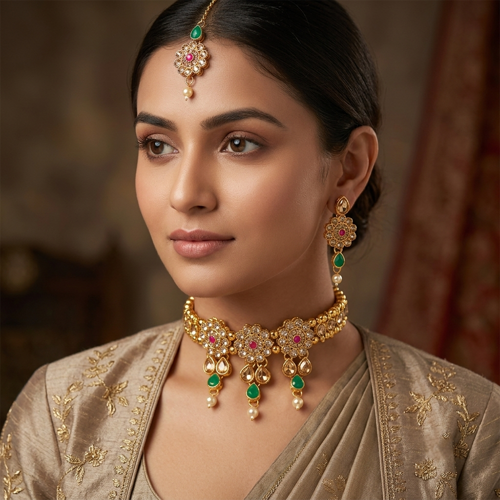 The99Jewel Elegant Austrian Crystal Stone & Pearl Choker Necklace Set for Women Festive Jewellery
