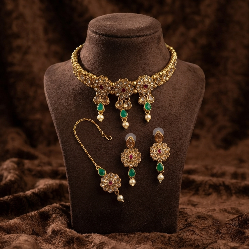 The99Jewel Elegant Austrian Crystal Stone & Pearl Choker Necklace Set for Women Festive Jewellery