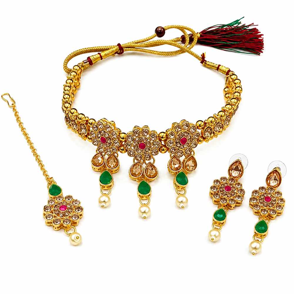 The99Jewel Elegant Austrian Crystal Stone & Pearl Choker Necklace Set for Women Festive Jewellery