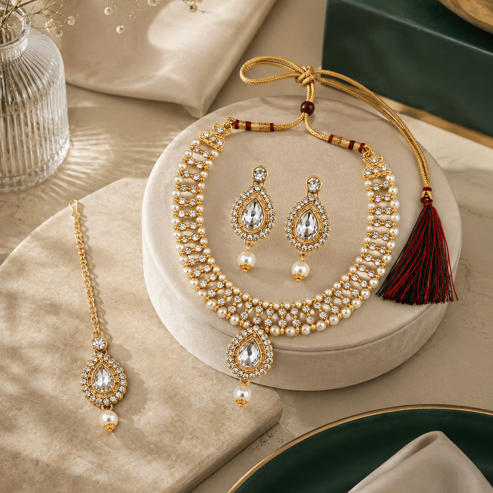The99Jewel Graceful Gold Plated Crystal & Pearl Necklace with Mangtikka for Women & Girls