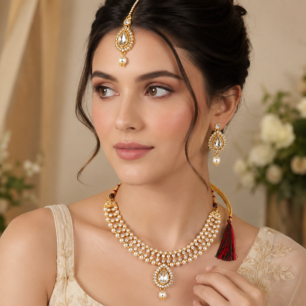 The99Jewel Graceful Gold Plated Crystal & Pearl Necklace with Mangtikka for Women & Girls