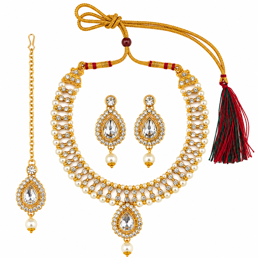 The99Jewel Graceful Gold Plated Crystal & Pearl Necklace with Mangtikka for Women & Girls