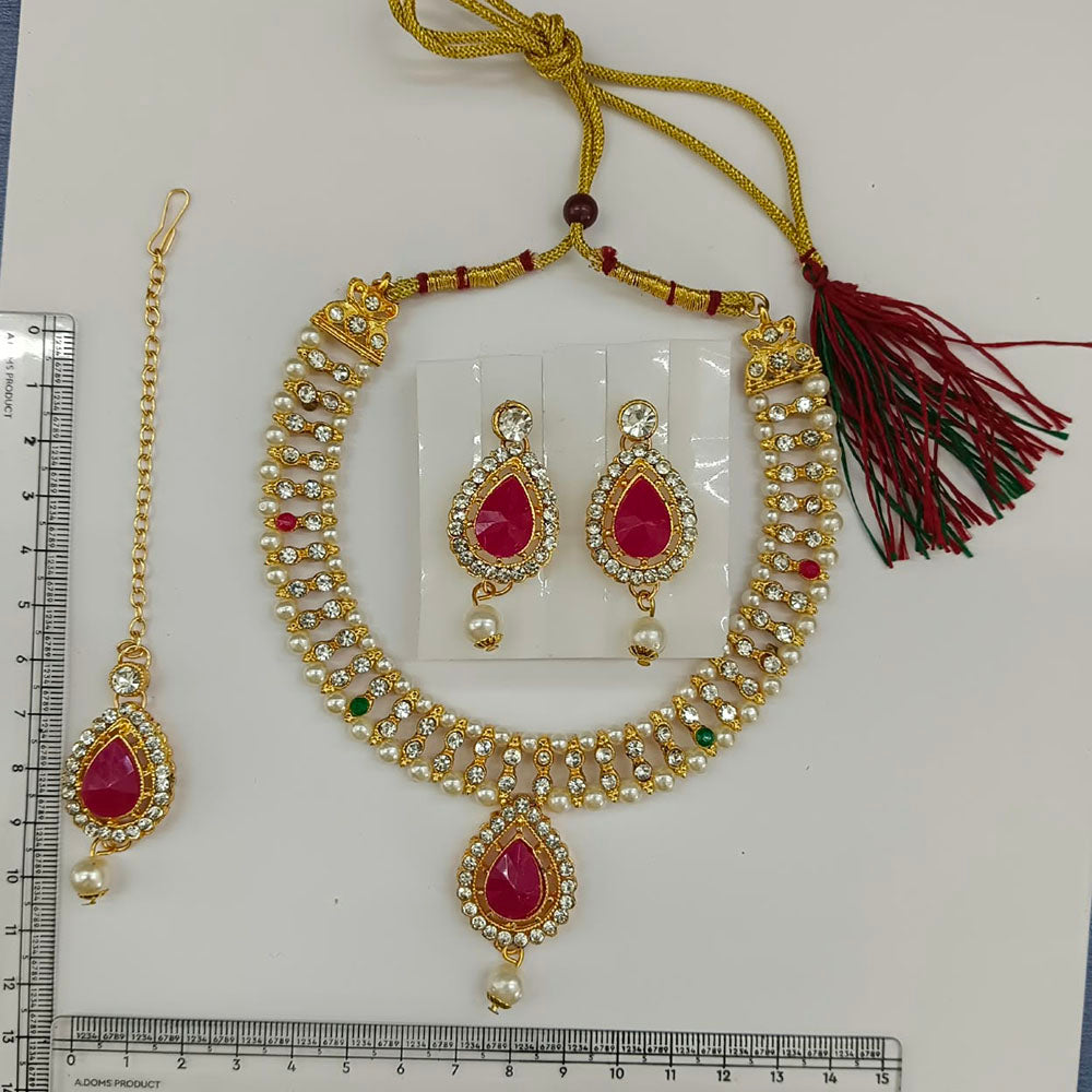 The99Jewel Graceful Gold Plated Crystal & Pearl Necklace with Mangtikka for Women & Girls