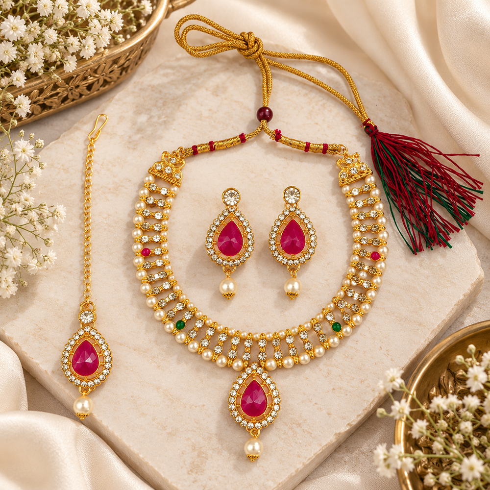 The99Jewel Graceful Gold Plated Crystal & Pearl Necklace with Mangtikka for Women & Girls