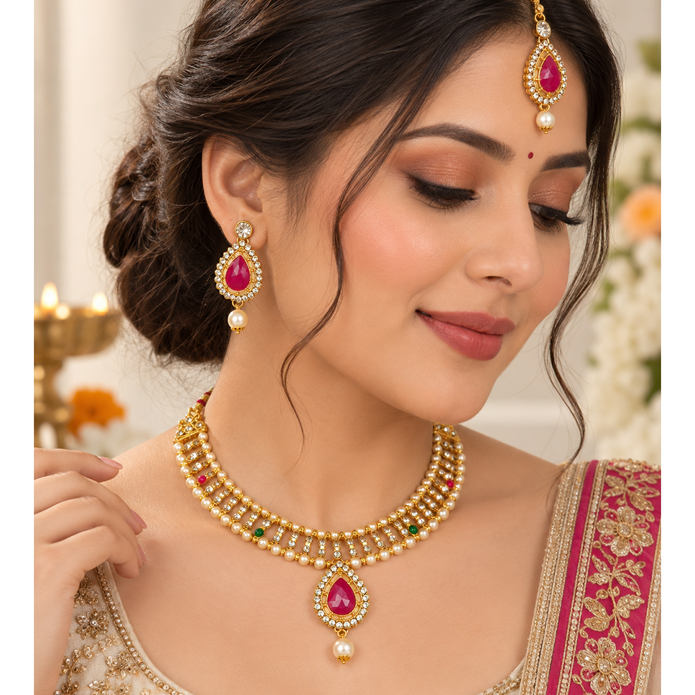 The99Jewel Graceful Gold Plated Crystal & Pearl Necklace with Mangtikka for Women & Girls