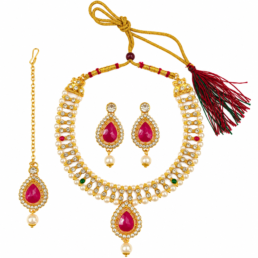 The99Jewel Graceful Gold Plated Crystal & Pearl Necklace with Mangtikka for Women & Girls