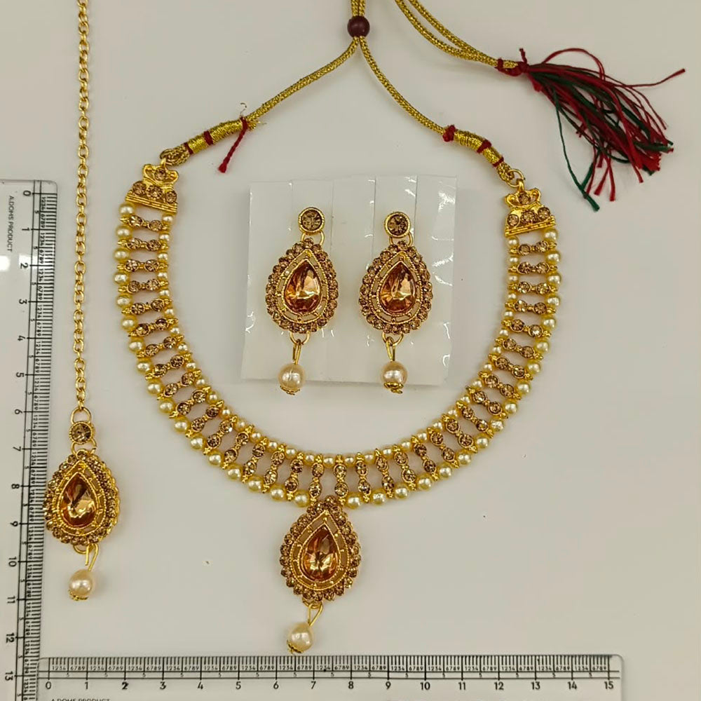 The99Jewel Graceful Gold Plated Crystal & Pearl Necklace with Mangtikka for Women & Girls
