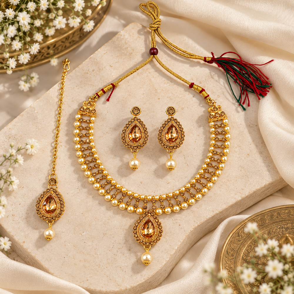 The99Jewel Graceful Gold Plated Crystal & Pearl Necklace with Mangtikka for Women & Girls