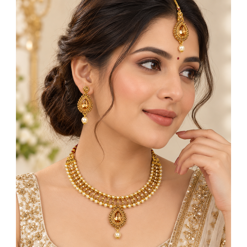 The99Jewel Graceful Gold Plated Crystal & Pearl Necklace with Mangtikka for Women & Girls