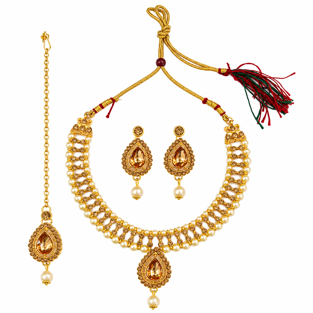 The99Jewel Graceful Gold Plated Crystal & Pearl Necklace with Mangtikka for Women & Girls