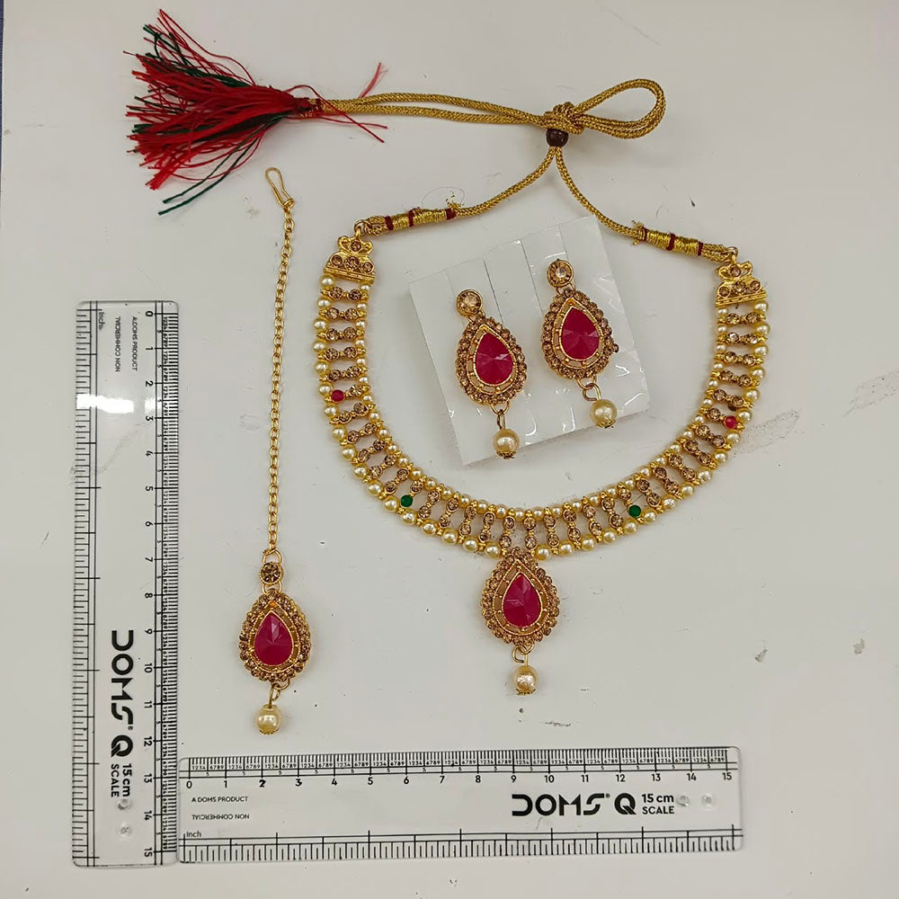 The99Jewel Graceful Gold Plated Crystal & Pearl Necklace with Mangtikka for Women & Girls
